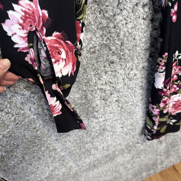Karen Kane Black Floral Dress Long Sleeve Medium Scoop Neck Pink Purple Flowers - Picture 4 of 10